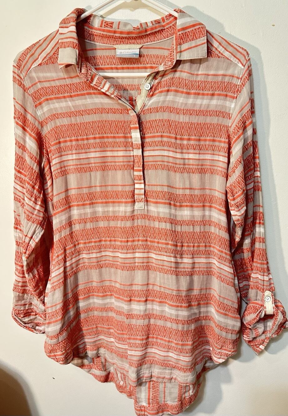 Columbia Shirt Womens Size Small Orange Coral Stripe Long Sleeves Preowned